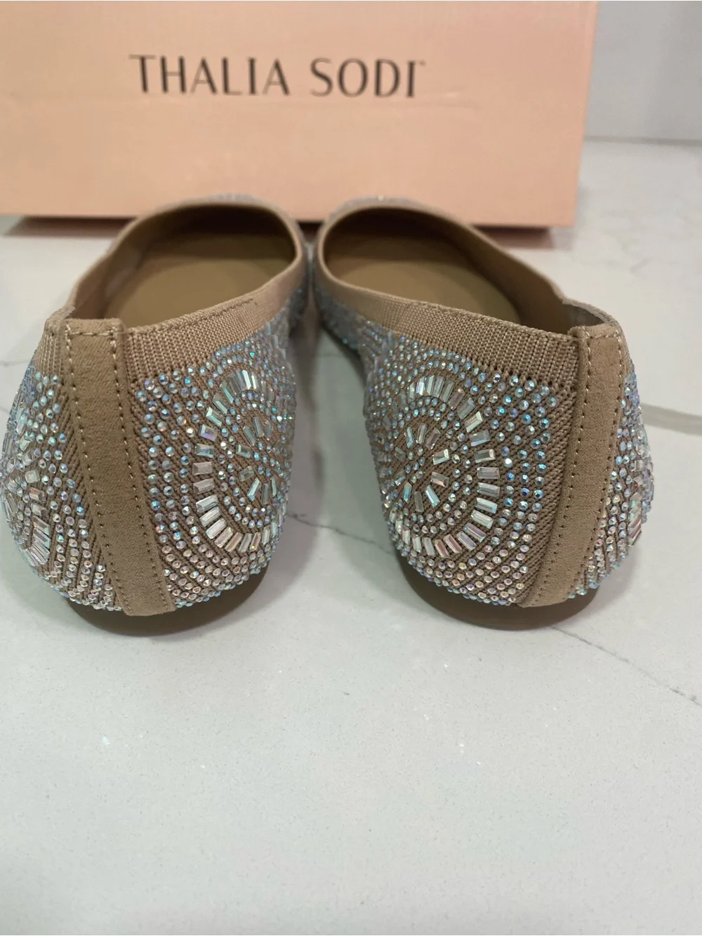 Thalia Sodi Champagne-Beige Crystal Embellished Flats